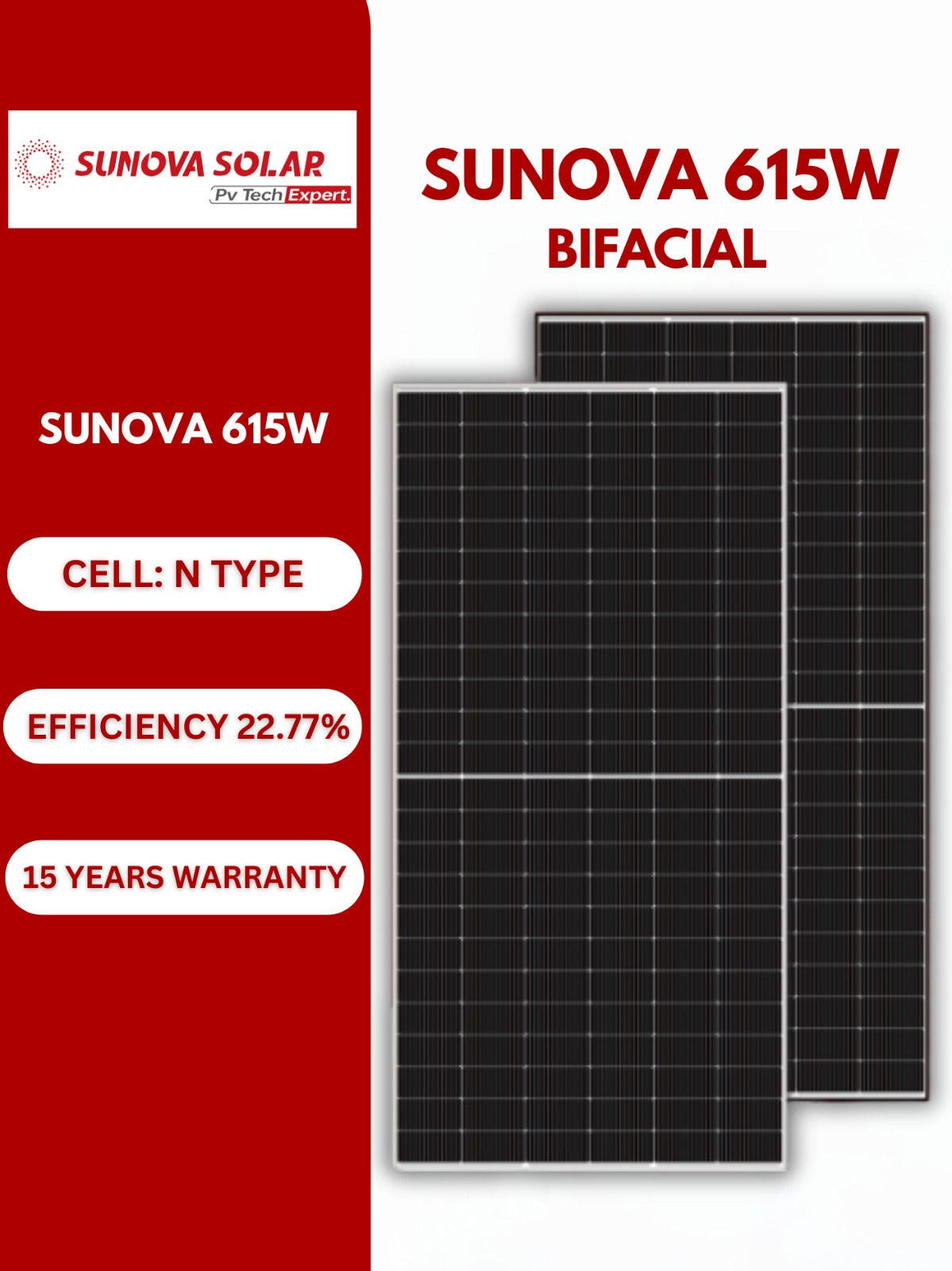 Sunova 615Watt N-type TOPCon Bi-facial Solar Panel